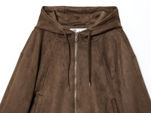 Detailed view of brown suede hooded bomber jacket fabric texture and size S collar label