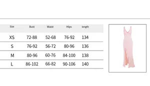 Size guide table for V-neck ruffle slit dress showing bust, waist, and hip measurements