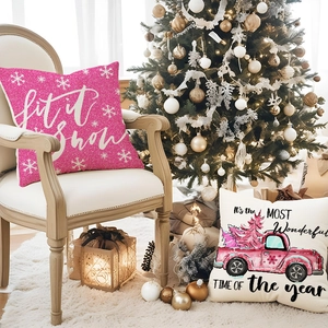Pink Christmas truck linen throw pillow cover with Let it snow holiday print for sofa decor
