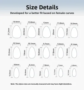 Size chart showing 15 almond-shaped press-on nail dimensions with width and height measurements