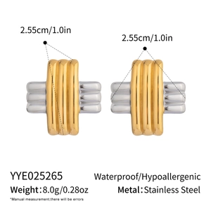 Detail of two-tone striped earrings in stainless steel with size and weight specs