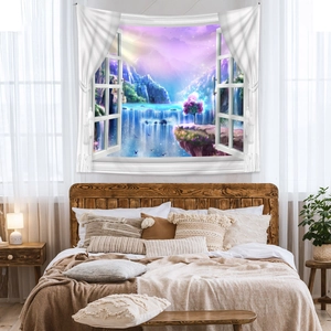 Detail of bohemian window view tapestry featuring a pink tree waterfall over bedroom wall
