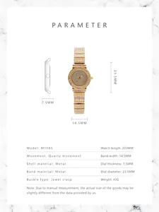 Detailed size chart showing technical specifications and dimensions for women's quartz watch