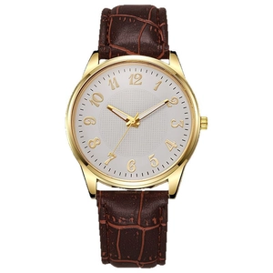 Orologio al quarzo classico con cassa in metallo dorato, cinturino in pelle marrone e quadrante