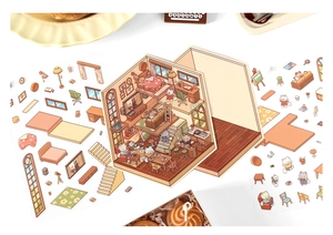 Macro view of 3D miniature paper house stickers with cat theme for DIY scrapbooking