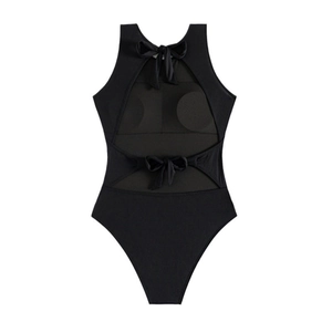 Chic black one-piece swimsuit featuring a cut-out back and elegant bow tie details