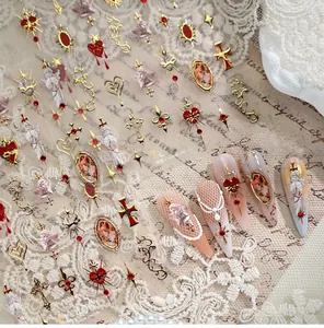 Baroque nail stickers TL-406 with golden angels, red hearts, and 3D embossed crosses