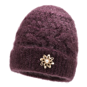Plush purple knit hat for elderly women with elegant gold flower and pearl brooch