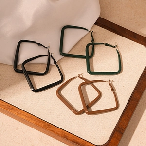 Minimalist square geometric hoop earrings in black, green and brown painted metal finish