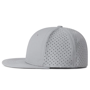 Grey flat brim hip hop hat with laser-cut ventilation holes and elastic closed back
