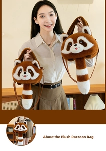 Detail of plush raccoon bag featuring realistic faux fur and striped tail accessory