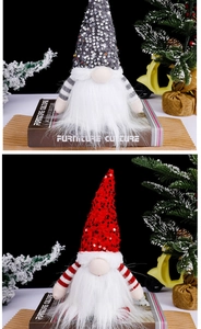 Close-up of Christmas gnome plush toys with sparkling sequined hats and striped sleeves
