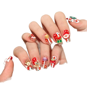 3D Christmas press-on nails featuring Santa, reindeer, and gingerbread men in red and green
