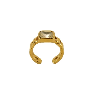 18K gold-plated stainless steel open ring with square zircon and quilted pattern design