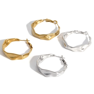 Chic 316 stainless steel C-shaped hoop earrings with irregular wave texture in gold and silver