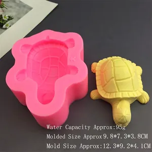 Detailed pink silicone turtle mold with 95g water capacity and yellow finished product
