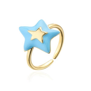 Detail shot of blue enamel starfish ring with 18K gold plating and open adjustable band