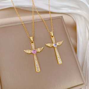 Cross Wings Necklace With Titanium Steel Chain And Copper CZ Micro Pave Pink Heart Pendant Elegant Sweet Jewelry For Women
