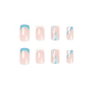 French blue and white wave press-on nails with marble texture in short square shape