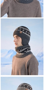 Detail of winter knitted hat and neck warmer set with ear flaps and nordic jacquard pattern