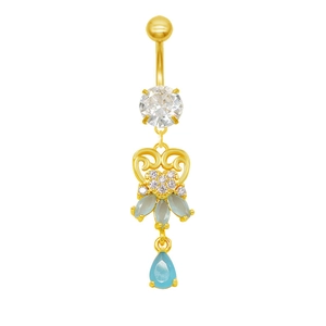 Detailed view of golden heart navel ring with blue marquise zircons and water drop pendant