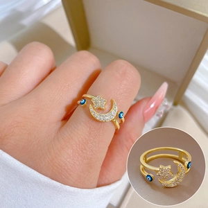 Star Moon Evil Eye Adjustable Ring Gold Plated Brass Micro Zirconia Layered Design Trendy Jewelry For Women