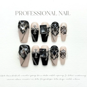 Gothic press-on nails with spider and cross charms in black and nude color set