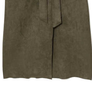 Women's minimalist olive green faux suede trench coat with belt details and side slits