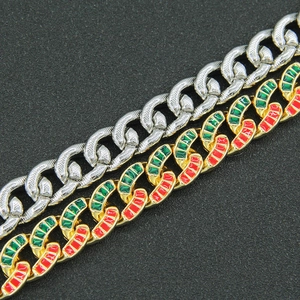 Hip hop wide chain bracelet with silver scale texture and red green enamel oil drip