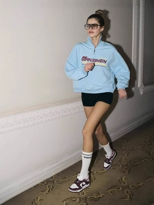 Light blue half-zip sweatshirt with Y2K letter print and loose casual street style fit