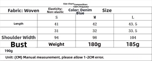 Tableau des tailles détaillé pour l'ensemble crop top en jean sans manches et pantalon