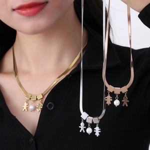 Flat snake chain necklaces with cartoon figures and pearl pendants in three metallic colors