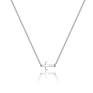 Macro detail of a minimalist S925 sterling silver horizontal cross pendant on a chain