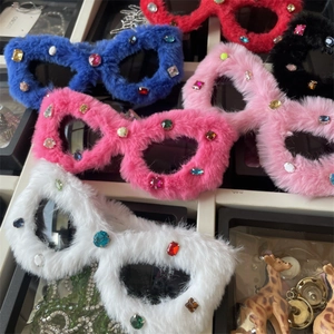 Fluffy rhinestone cat eye sunglasses, colorful plush party eyewear for birthday and Christmas.