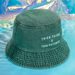 Stylish dark green washed cotton bucket hat with white thick thighs thin patience embroidery