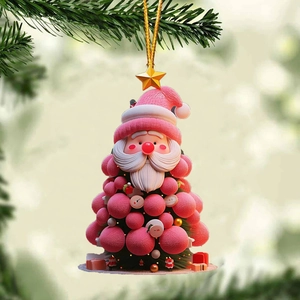 Pink santa claus and christmas tree hanging ornament with gold star on pine branch