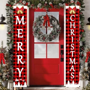 Christmas buffalo plaid door banners with Merry Christmas text for outdoor holiday decor