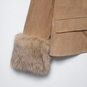 Women's camel faux suede blazer with plush faux fur cuffs and flap pocket details