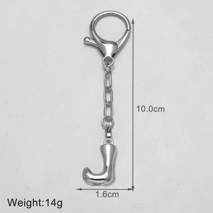 Polished silver metal letter J keychain with lobster clasp measuring 10 cm total length