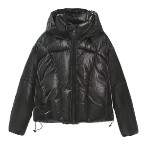 Detail of glossy black cropped puffer jacket with adjustable drawstring and windproof fabric