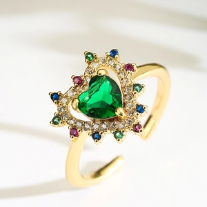 Elegant 18K gold plated heart ring with green zircon and colorful crystal halo