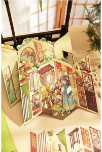 DIY 3D folding paper craft scene with traditional Chinese garden and girl figurine