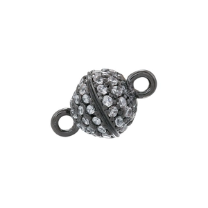 Macro shot of gun-black spherical connector clasp with sparkling white zircon crystals