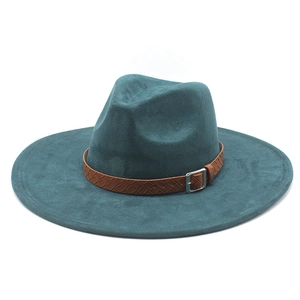 Close-up of teal faux suede wide brim fedora hat with a brown braided leather belt detail