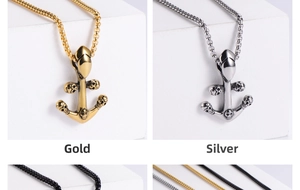 Detailed punk gothic anchor pendant with skull elements and box chain on white blocks