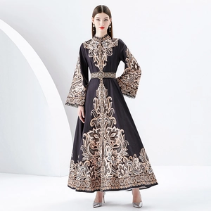 Floral print maxi dress with stand collar and vintage victorian scrolls on dark brown fabric