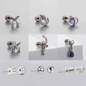 Purple Zircon Heart Moon Flower Butterfly Titanium Steel Ear Studs For Women Screw Back Helix Piercing Jewelry Aesthetic Sweet