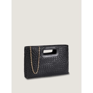 Detail of black woven PU leather handbag with gold chain strap and cutout handle