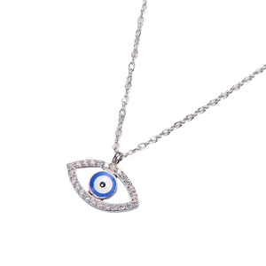 Minimalist silver evil eye pendant necklace with blue and white zircon pavé setting