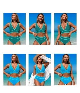 Detail view of two-piece bikini with V-neck contrast piping and high waist bottom set